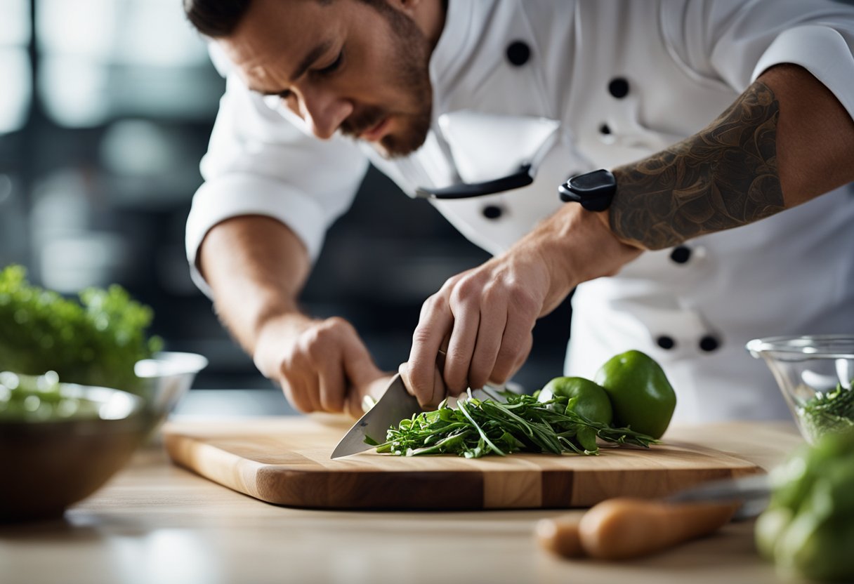 Um chef demonstra com facilidade as habilidades adequadas com a faca, enquanto evita erros comuns na cozinha.