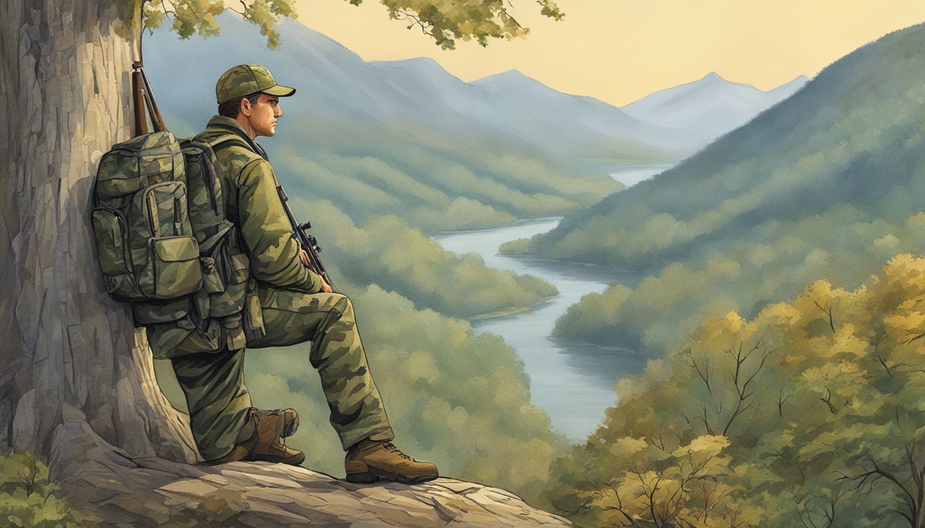 A hunter in camouflage gear stands by a tree, surveying the New Jersey mountains. A rifle leans against the trunk, and a backpack sits at his feet