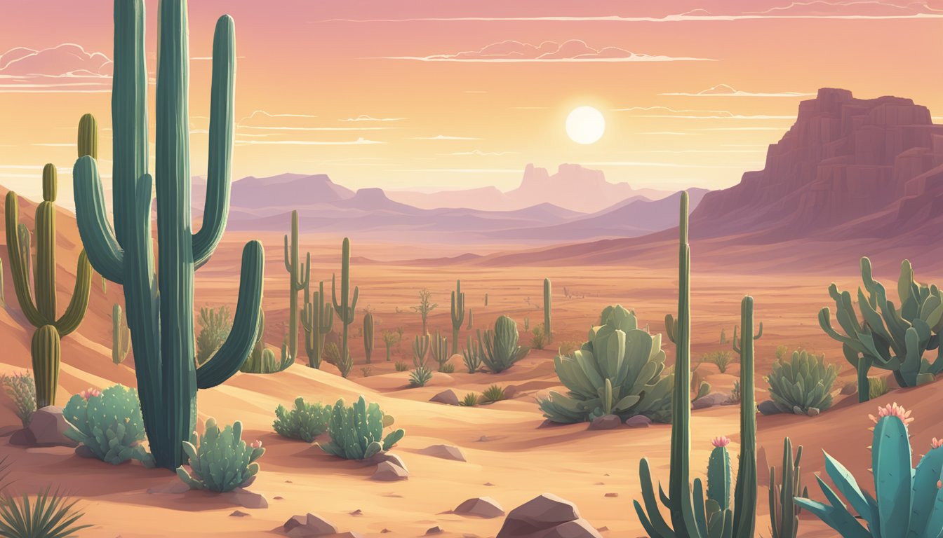 A desert landscape with cacti and a computer processing Catan Universe game in Arizona