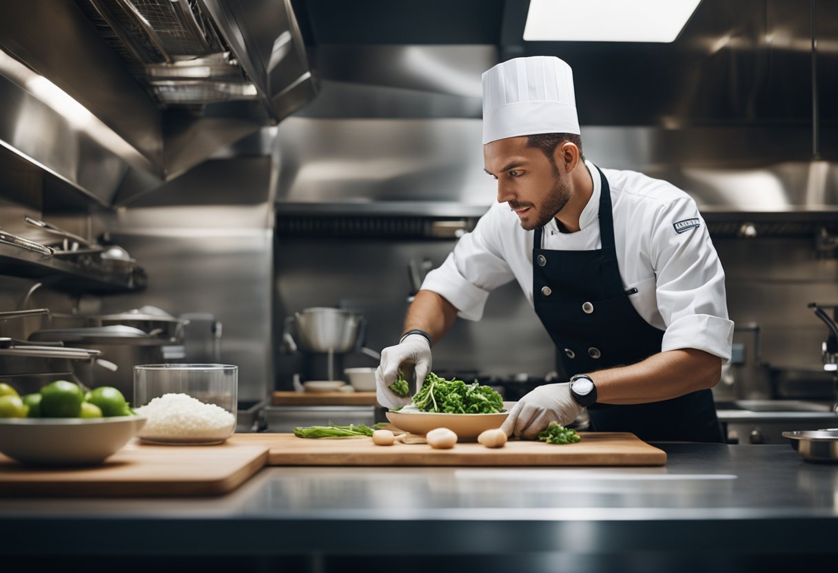 Um chef realiza múltiplas tarefas com facilidade, temperando pratos com maestria enquanto mantém um espaço de trabalho limpo e organizado, demonstrando hábitos profissionais de cozinha.