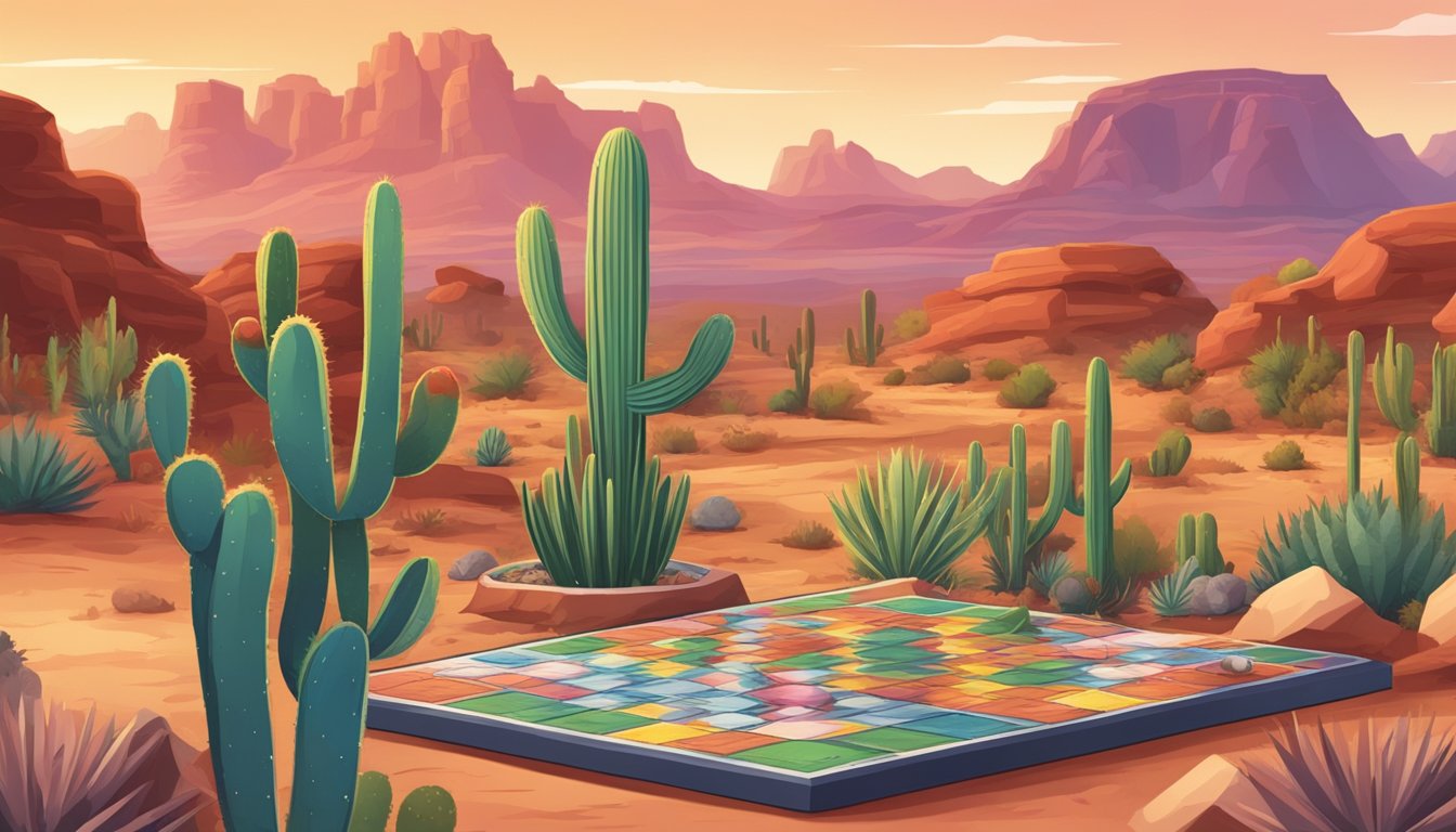 A colorful board game set in the Arizona desert, with cacti and red rock formations in the background