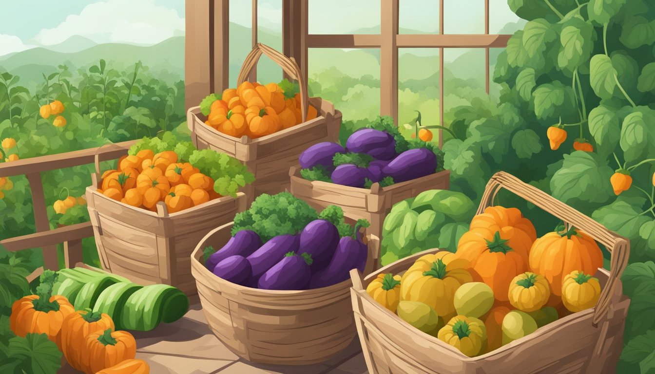 Lush garden with ripe vegetables being harvested and stored in baskets and jars