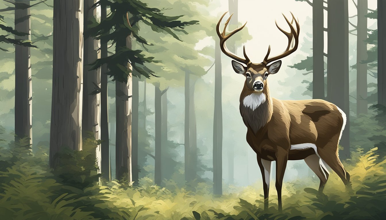 A majestic deer stands in a dense Michigan forest, surrounded by tall trees and lush greenery. The atmosphere is serene and untouched, capturing the essence of Wilderness Whitetails hunting outfitters