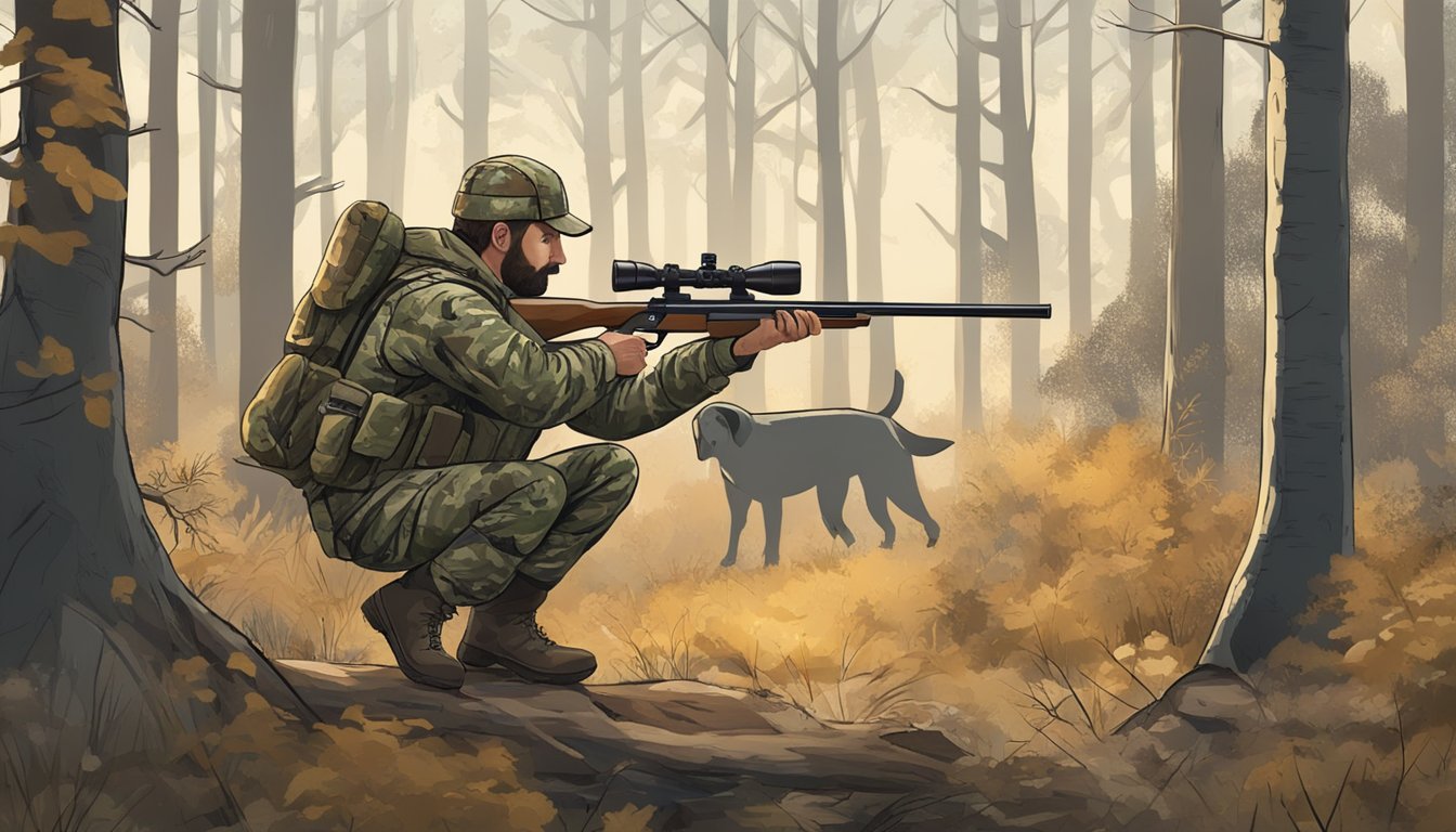 A hunter in camouflage gear stands in a wooded area, holding a rifle and scanning the horizon for game. A hunting dog sits at his side, alert and ready