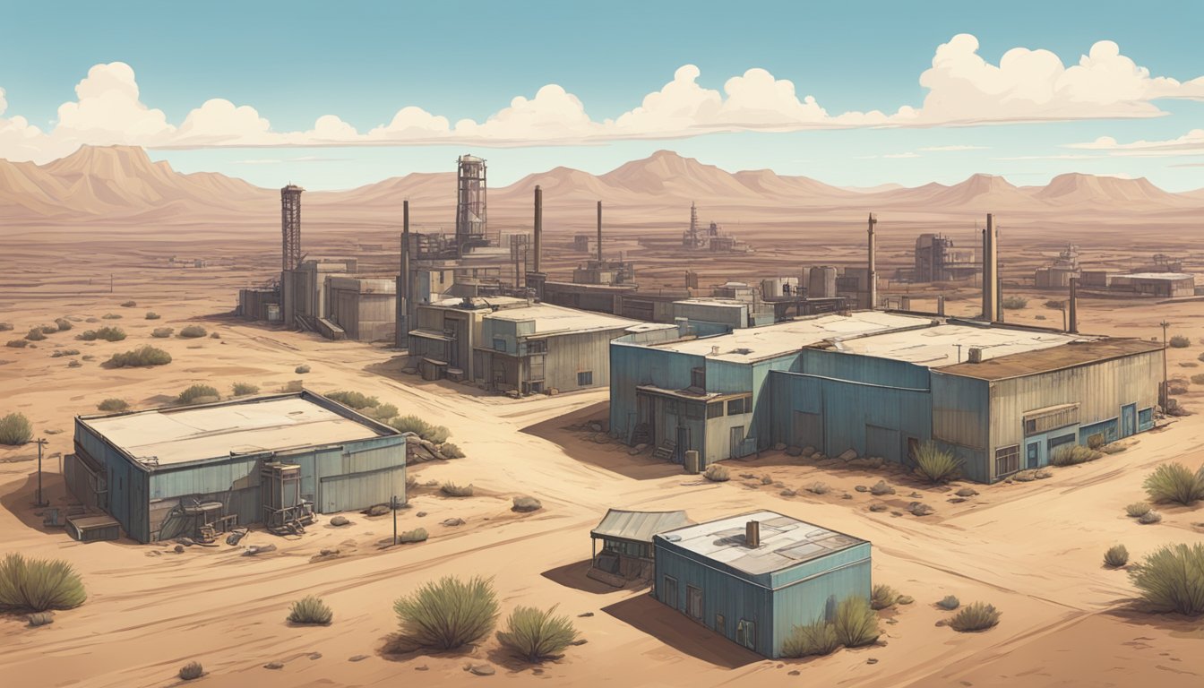 A deserted Arizona desert landscape with a lone game processing plant, surrounded by empty streets and abandoned buildings due to the pandemic