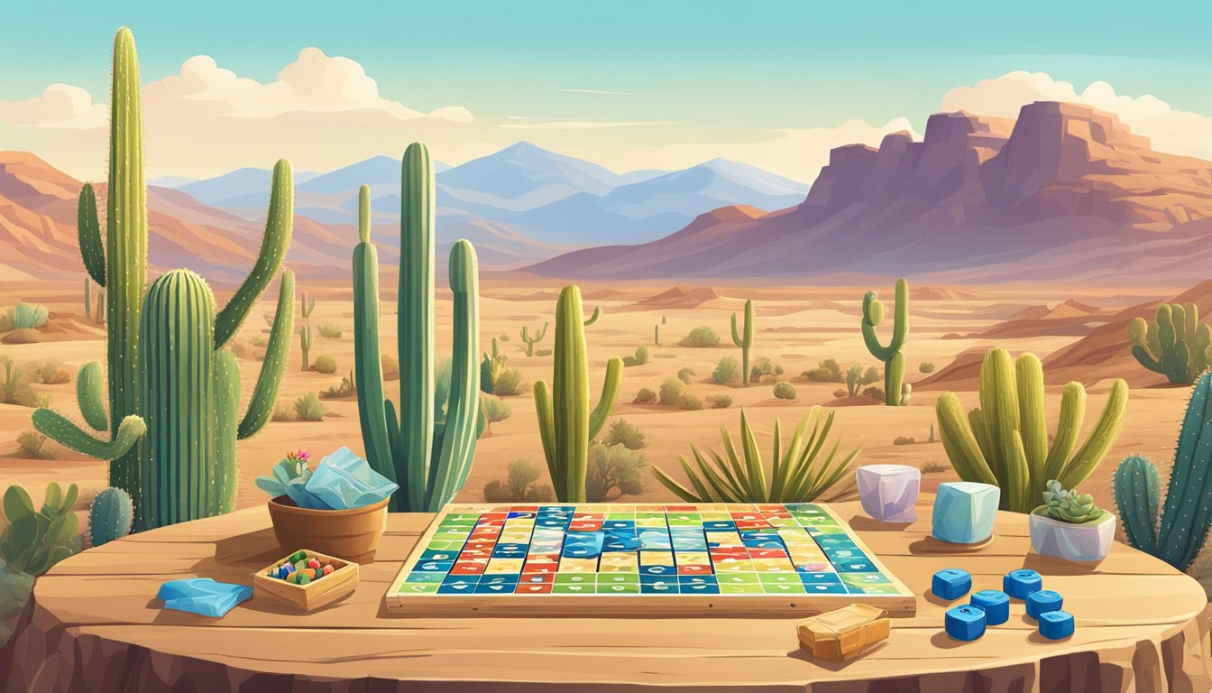 A desert landscape with cacti, mountains, and a clear blue sky, with a colorful board game set up on a picnic table