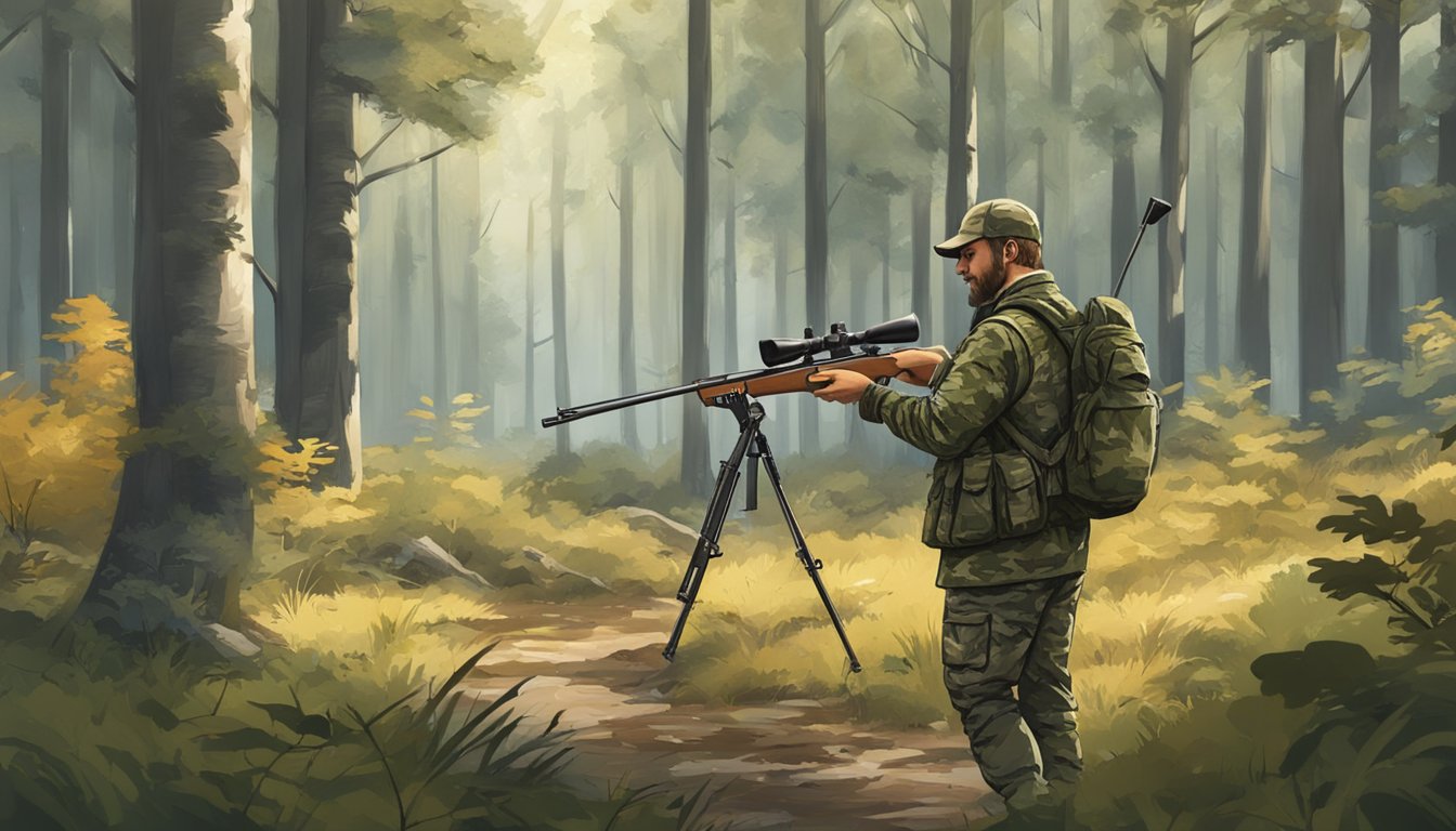 A hunter in camouflage gear standing in a forest clearing, surrounded by trees and holding a rifle, while a guide points out potential hunting spots