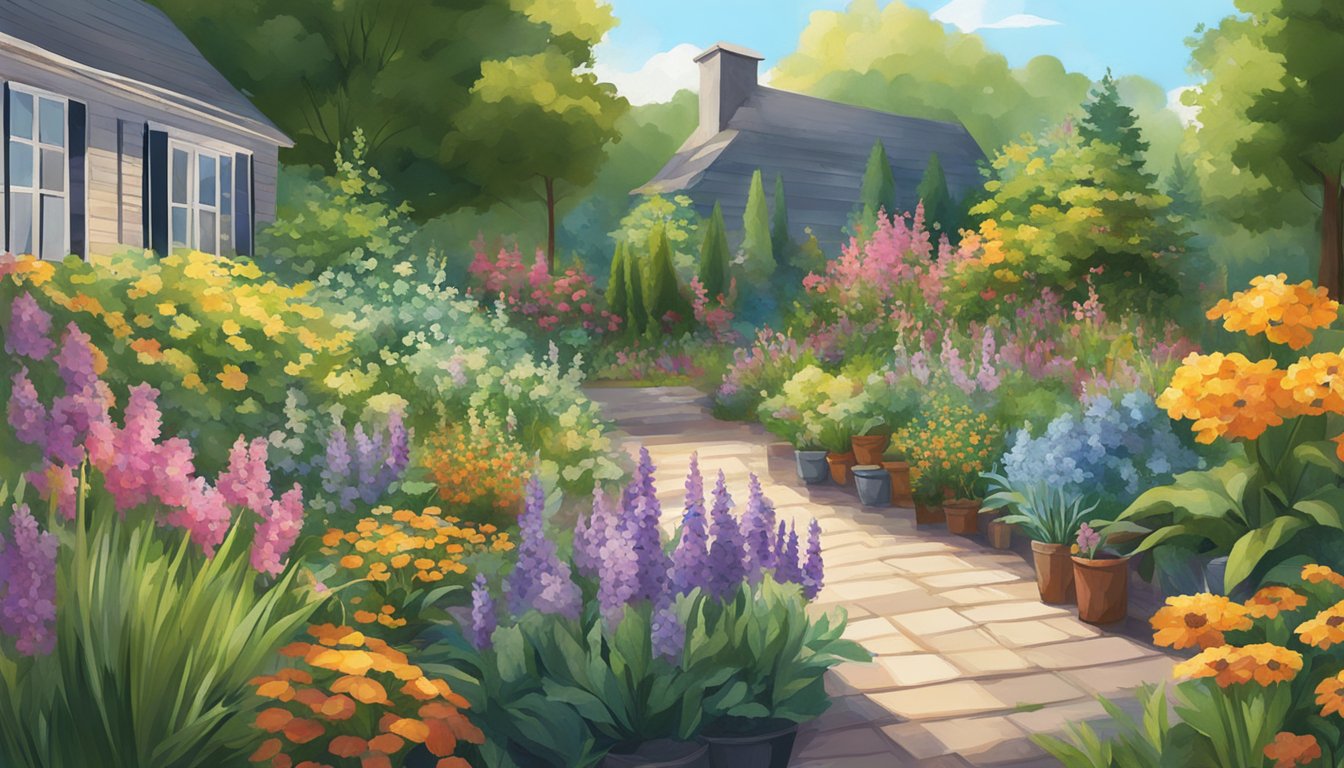 A lush garden bursting with colorful perennials and fragrant herbs, thriving in the sunlight, symbolizing resilience and hope during the pandemic