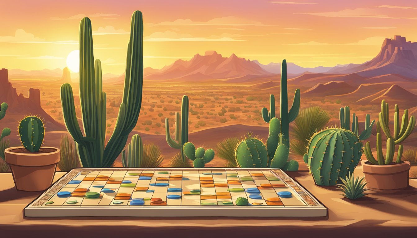 A desert landscape with the iconic Carcassonne game board set up on a table, surrounded by cacti and the Arizona sun setting in the background