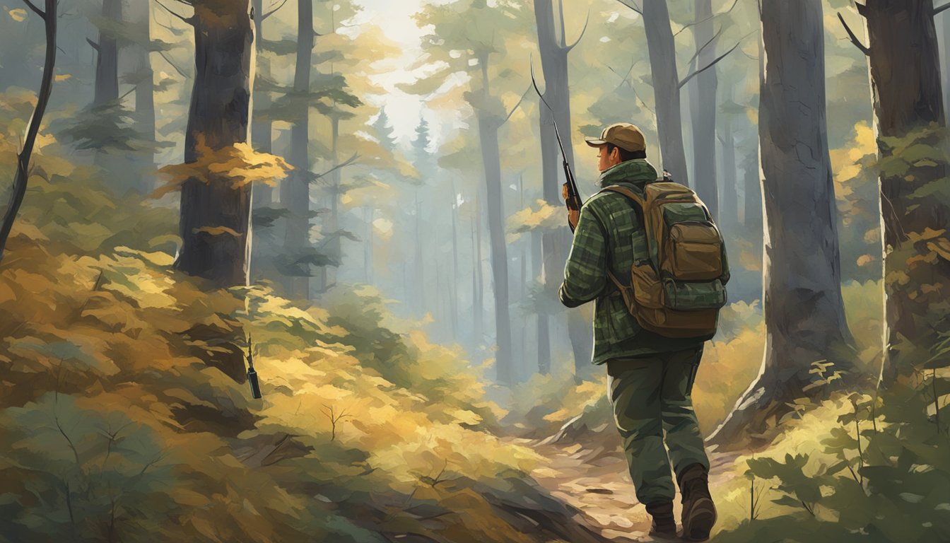 A hunter in Michigan stalking through a dense forest, rifle in hand, as they search for game with the help of a skilled outfitter