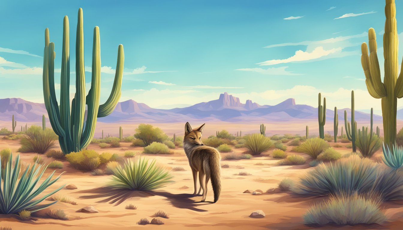 A vibrant desert landscape with a cactus and a coyote under a bright blue sky