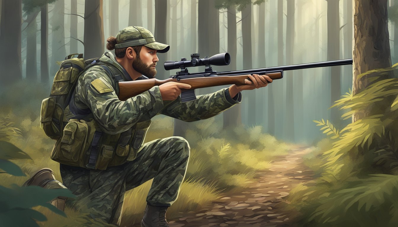 A hunter in camouflage gear aiming a rifle in a forest clearing