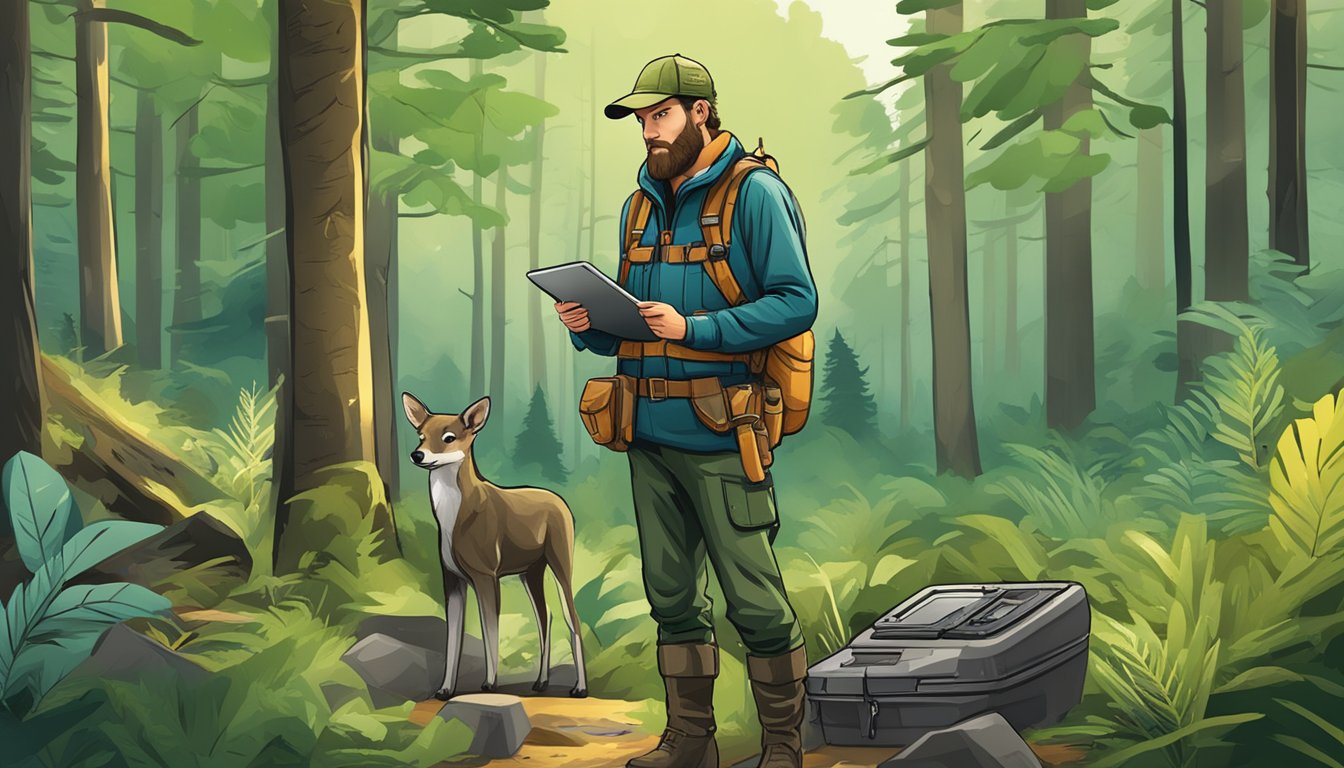 A hunter standing in a lush forest, examining various hunting outfitter brochures and websites on a tablet, surrounded by hunting gear and equipment