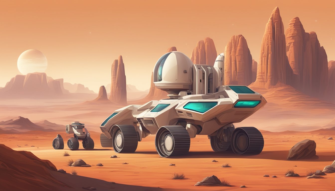 A desert landscape with red rock formations and futuristic terraforming equipment, set against a backdrop of the Martian surface