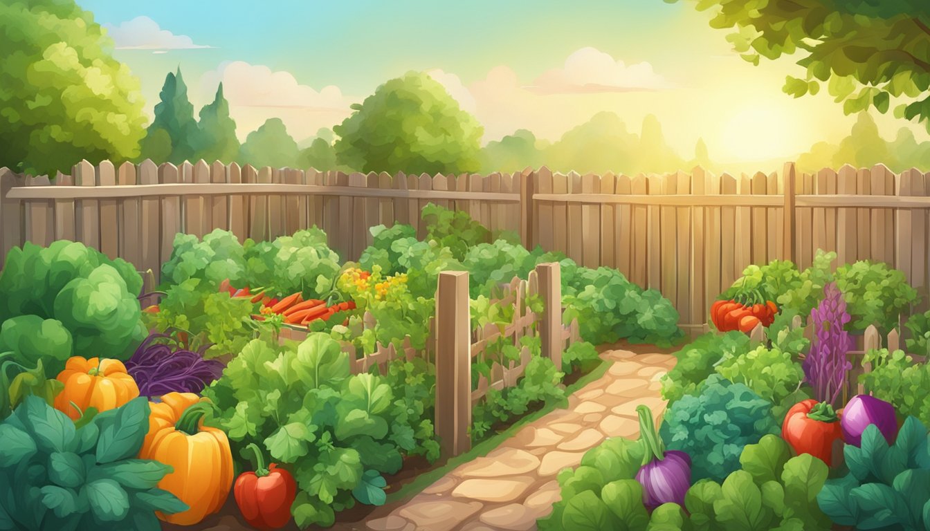 A flourishing garden with colorful vegetables and herbs, surrounded by a fence and basking in the warm sunlight