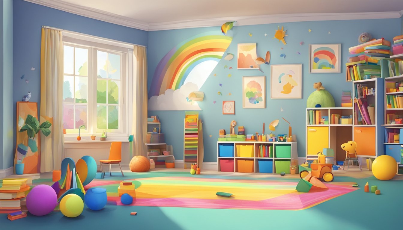 A colorful playroom with toys, books, and art supplies scattered around. A child's drawing of a rainbow hangs on the wall