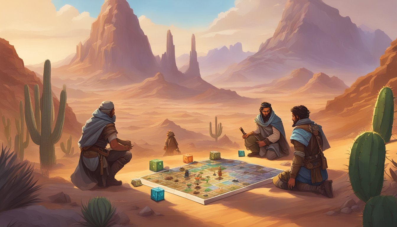 A group of adventurers strategize in a desert landscape, surrounded by cacti and mountains, while playing the board game Gloomhaven