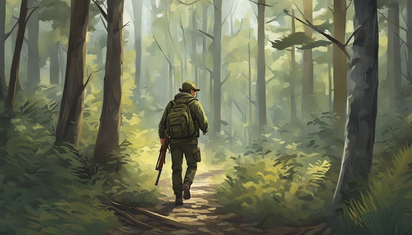 A hunter walking through a dense Missouri forest, with a rifle in hand, tracking prey