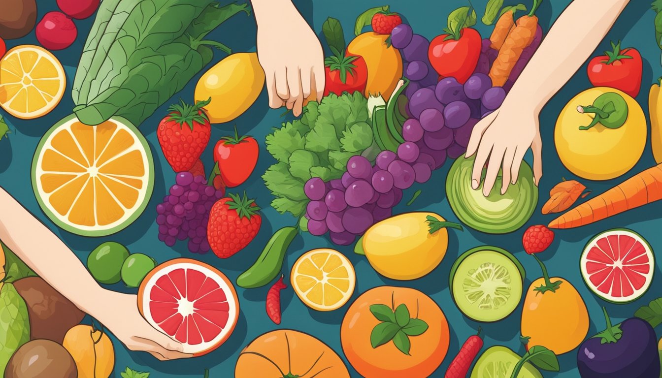 A colorful array of fresh fruits and vegetables arranged on a table, with a person reaching for a piece of fruit