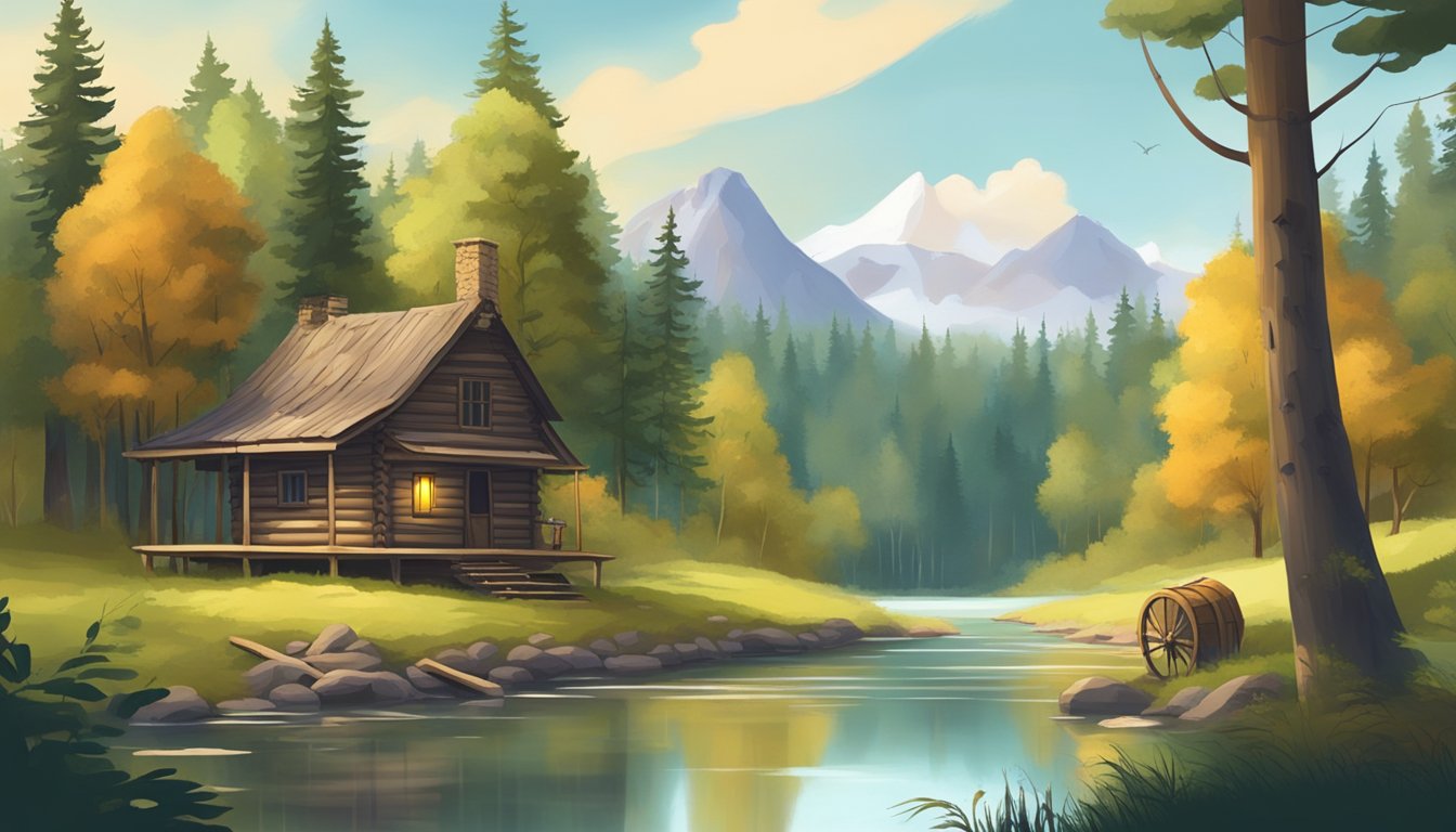 A serene forest clearing with a rustic cabin and hunting equipment, surrounded by lush trees and a tranquil river in the background