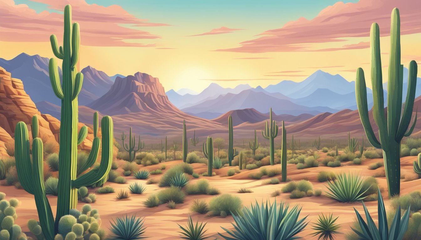 A desert landscape with cacti and mountains under a bright Arizona sky