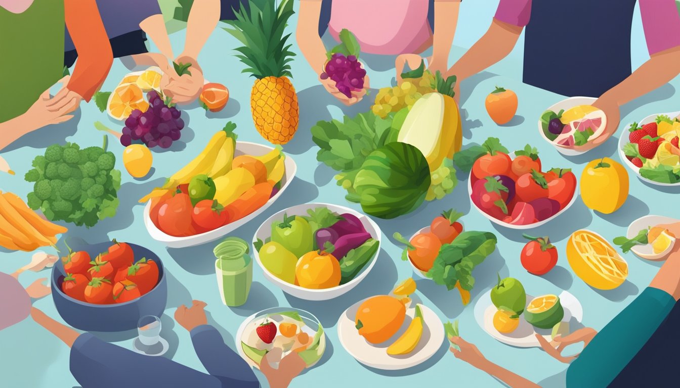 A colorful array of fresh fruits and vegetables arranged on a table, surrounded by happy, diverse individuals enjoying a meal together