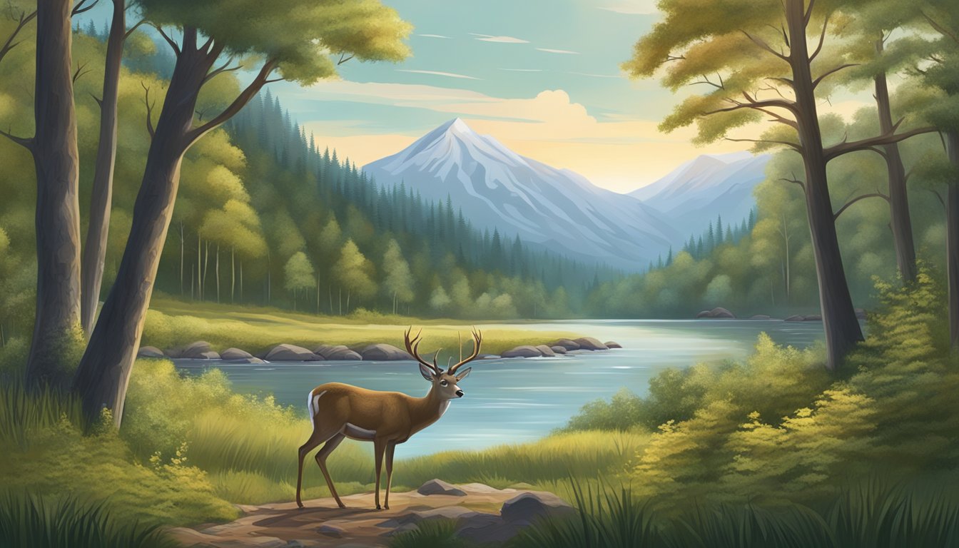 A dense forest with a flowing river, a towering mountain in the background, and a majestic whitetail deer grazing in the clearing