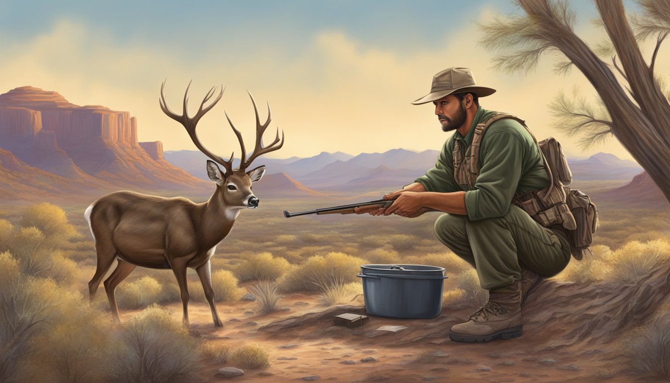 A hunter expertly field dresses a deer in the Arizona desert, showcasing traditional game processing techniques