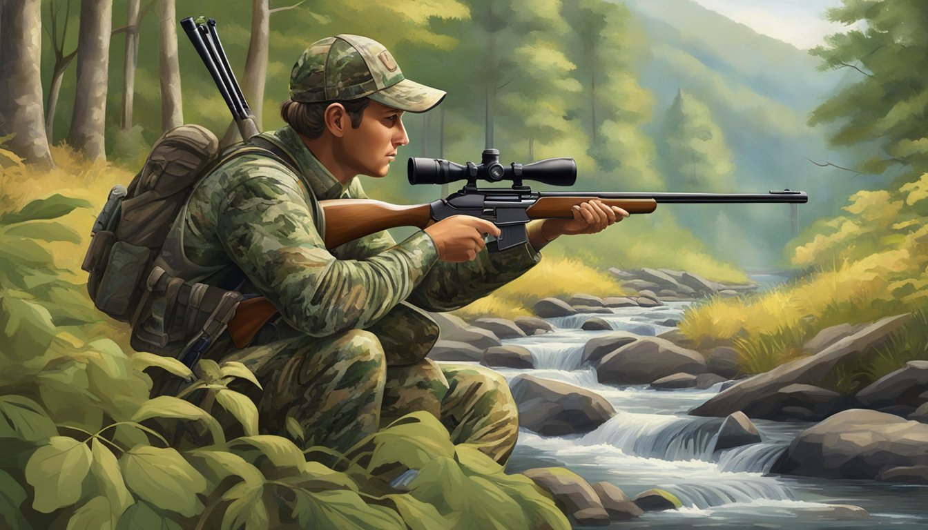 A hunter in camouflage gear aims a rifle at a deer in the North Carolina mountains, surrounded by lush greenery and a flowing creek