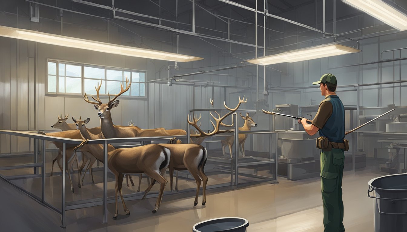 A hunter processes a deer in a clean, well-lit Arizona game processing facility, following all legal regulations