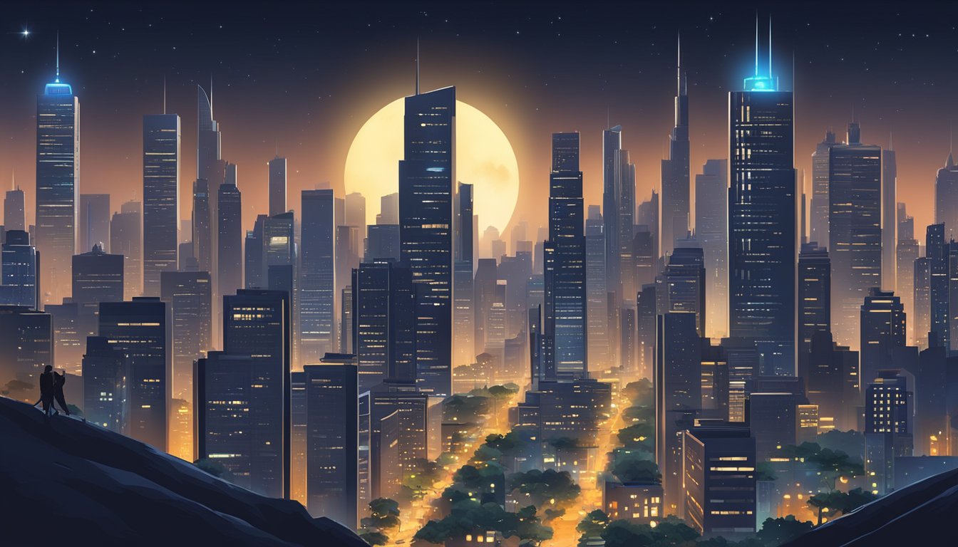 A sprawling cityscape at night, with glowing skyscrapers and bustling streets. A giant moon hangs in the sky, casting a tranquil glow over the sleepless city