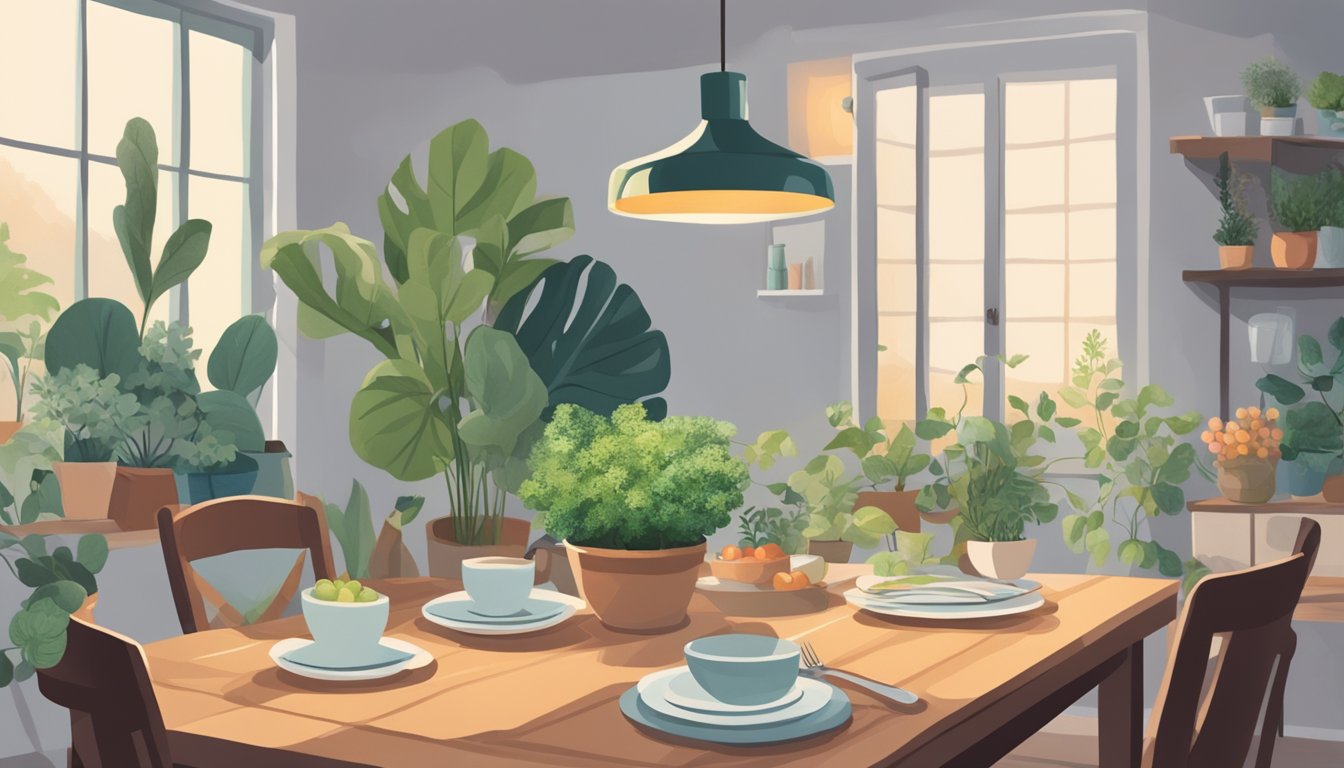 A cozy home with a table set for a meal, surrounded by plants and natural light, symbolizing the practice of intermittent fasting for better immunity during self-quarantine