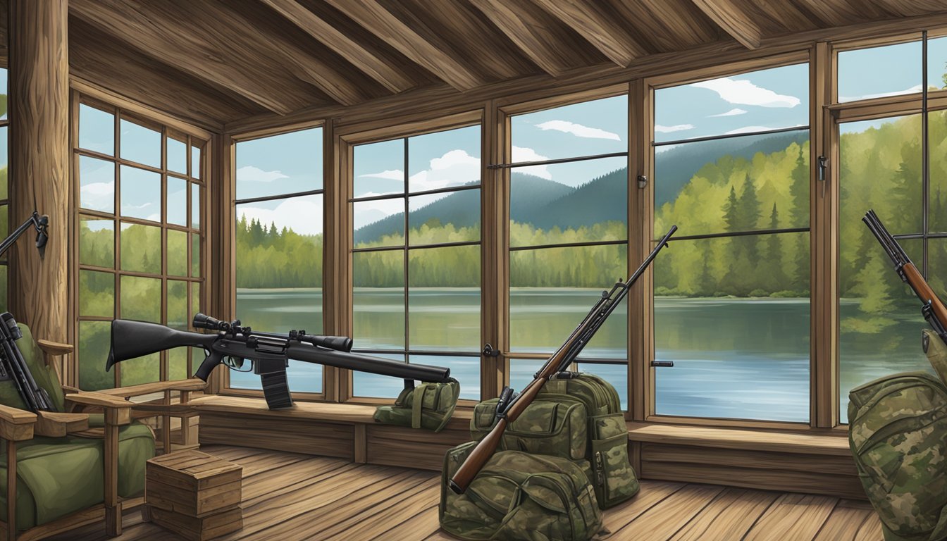 A rustic hunting lodge nestled in the North Carolina mountains, surrounded by dense forest and a serene lake. A row of hunting rifles and camouflage gear displayed in the storefront window