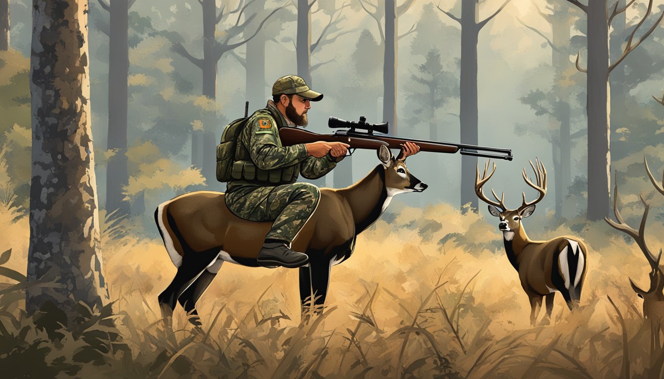 A hunter in camouflage gear aims a rifle at a majestic buck in a Missouri forest clearing, with the Safari Club International logo displayed prominently