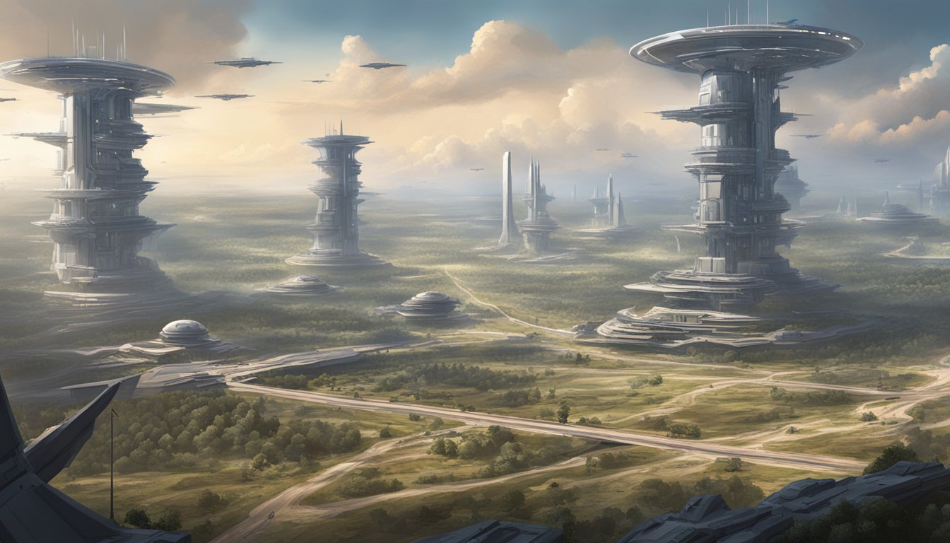 A sprawling, futuristic battlefield in Arkansas, with towering structures and advanced game processing technology