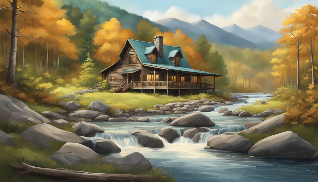 A rustic hunting lodge nestled in the North Carolina mountains, surrounded by dense forest and a clear, babbling stream