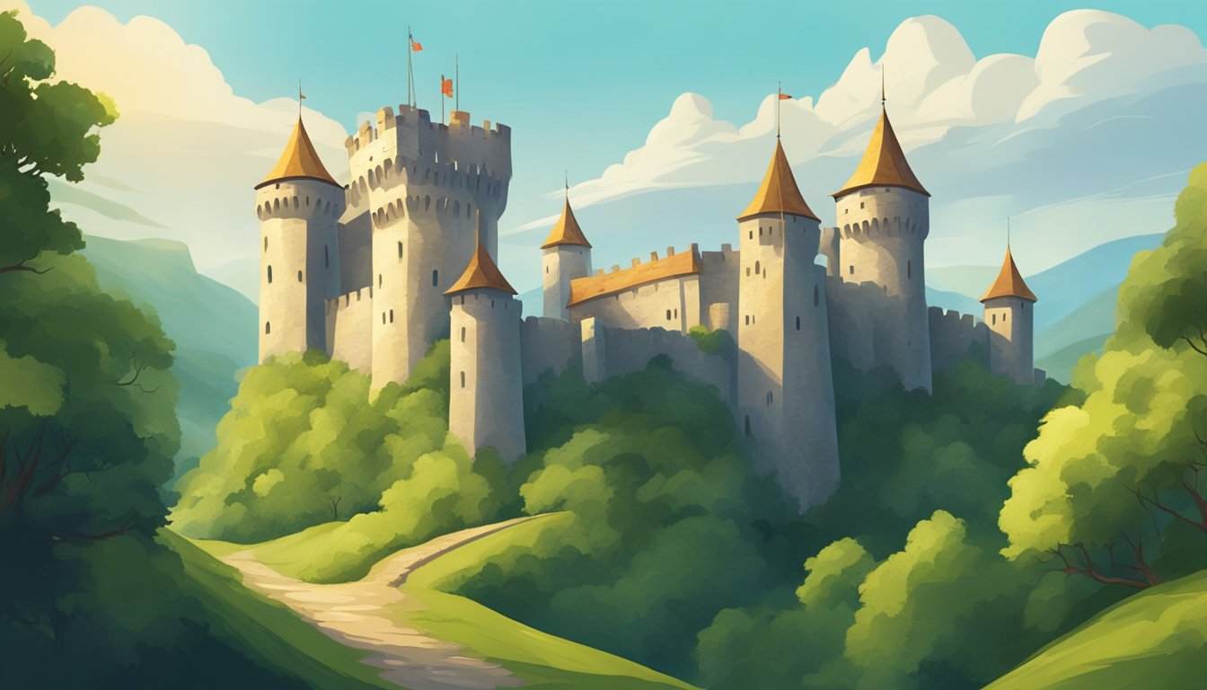 A medieval castle surrounded by lush forests and rolling hills, with a grand entrance and banners fluttering in the wind