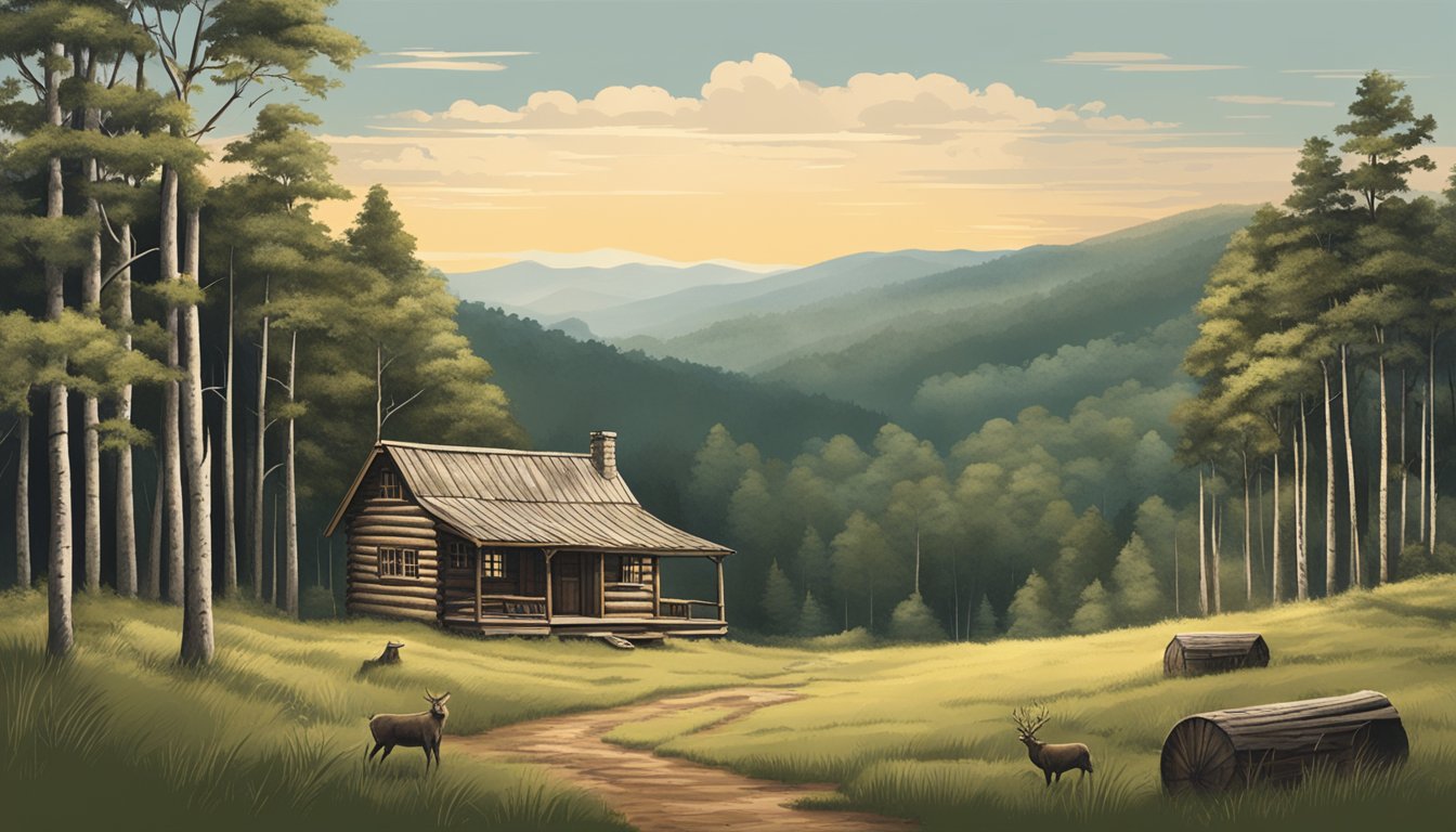 A serene forest clearing with a rustic cabin and a backdrop of rolling hills, showcasing the ideal setting for Highland Outfitters' hunting expeditions in North Carolina