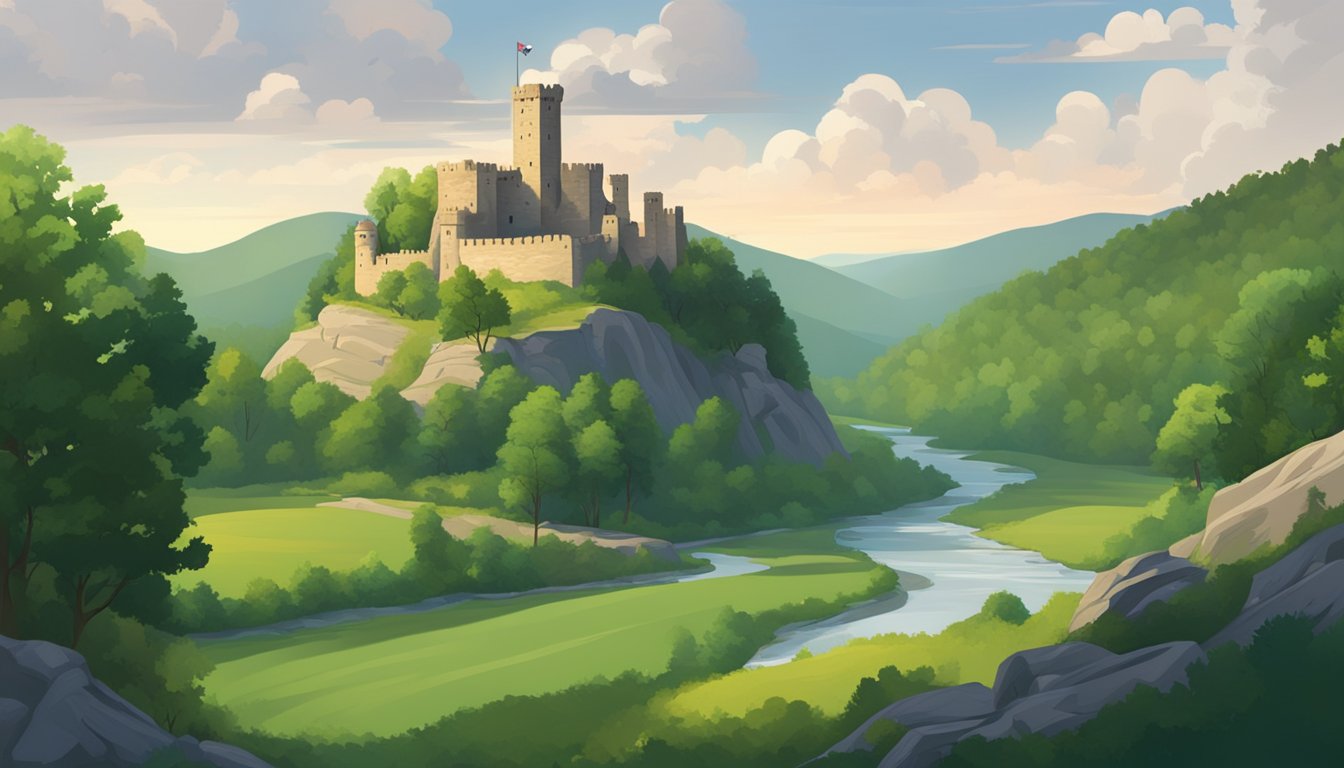 A lush river valley with a medieval castle, surrounded by rolling hills and forests, with a banner flying the flag of Arkansas