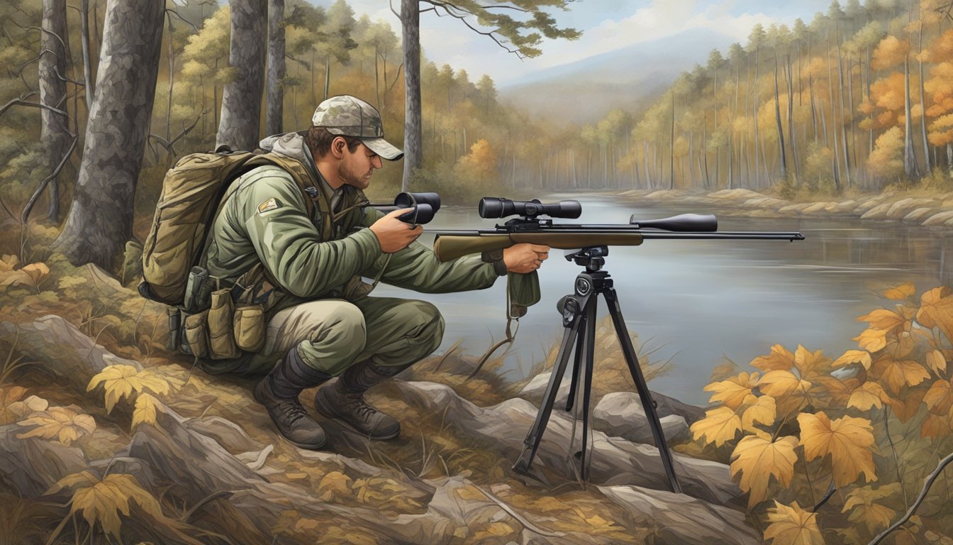 A hunter in camouflage gear scanning the North Carolina wilderness with binoculars, while a hunting dog sniffs the ground nearby