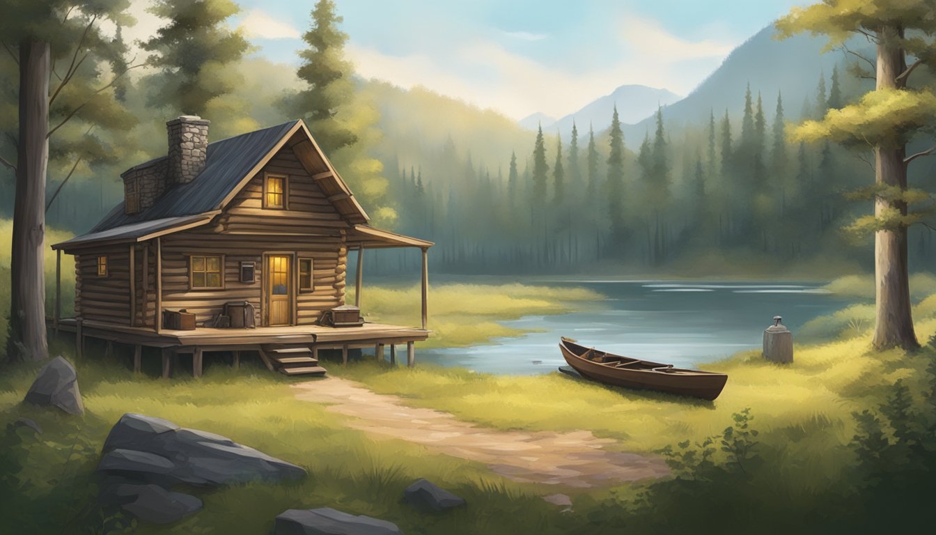 A serene forest clearing with a rustic cabin, hunting gear, and a tranquil river in the background