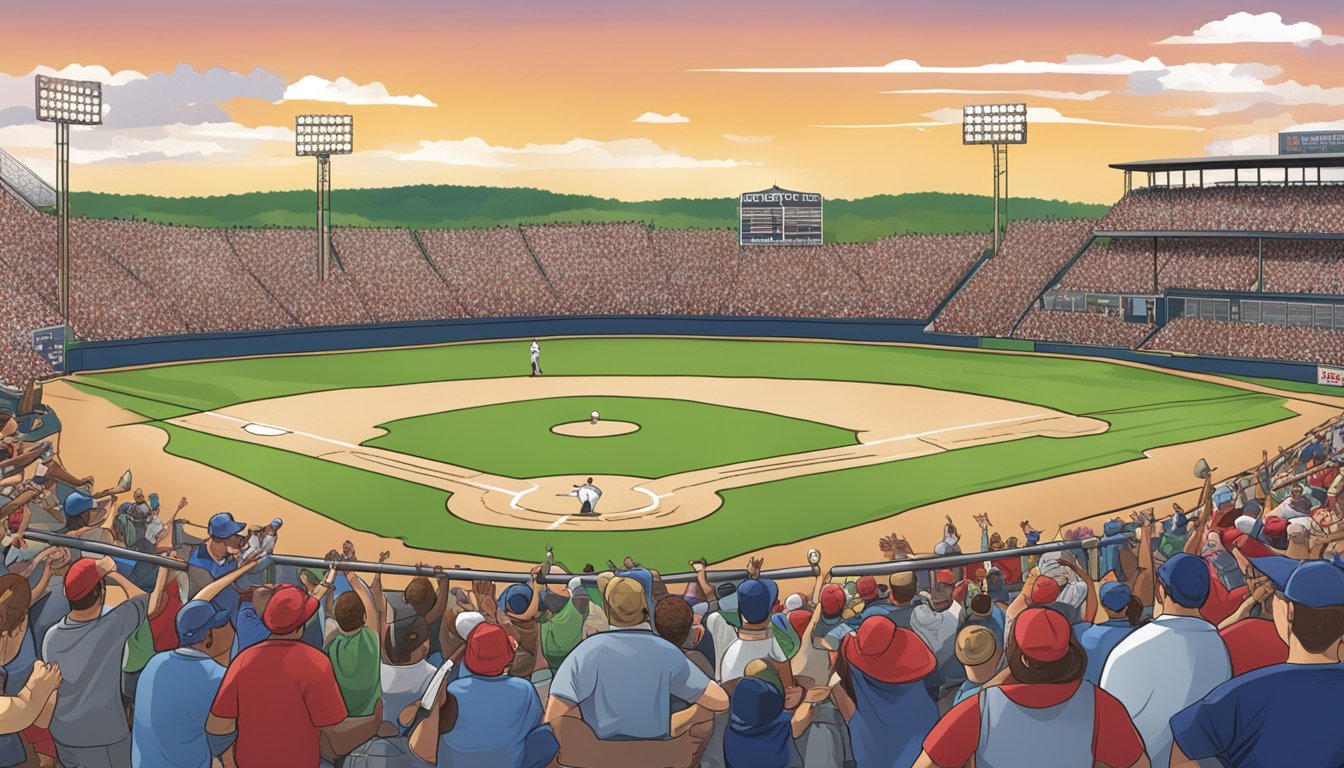 The Arkansas landscape with a baseball field and cheering crowd