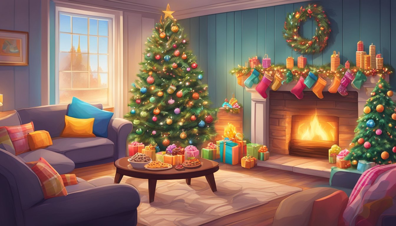 A cozy living room with a crackling fireplace, surrounded by festive decorations and an array of sugary treats