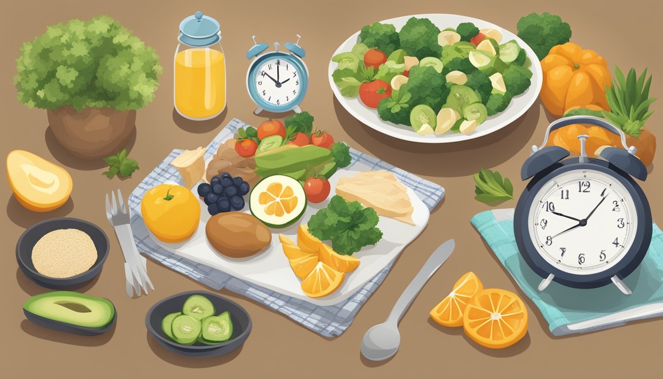 A serene kitchen table set with a variety of healthy foods and a clock showing the time for intermittent fasting