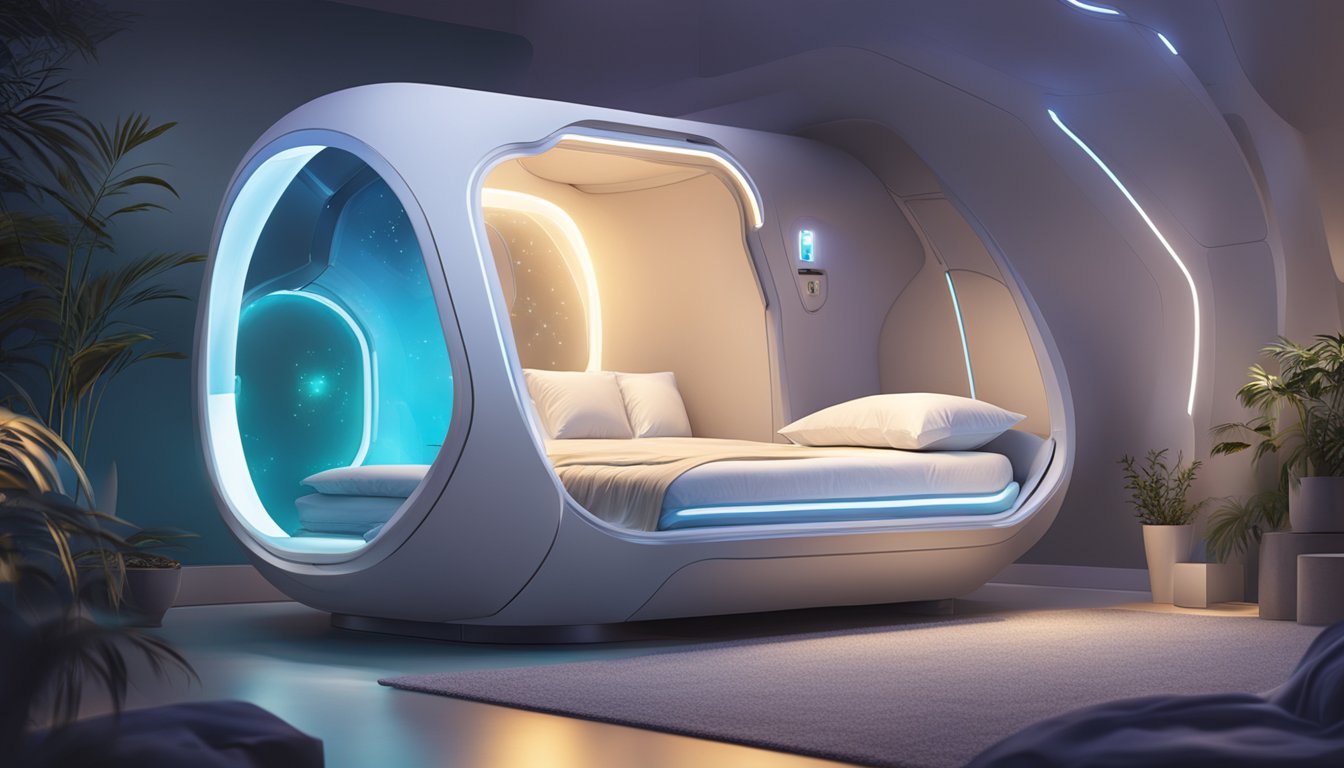 A futuristic sleep pod surrounded by glowing, advanced sleep technology