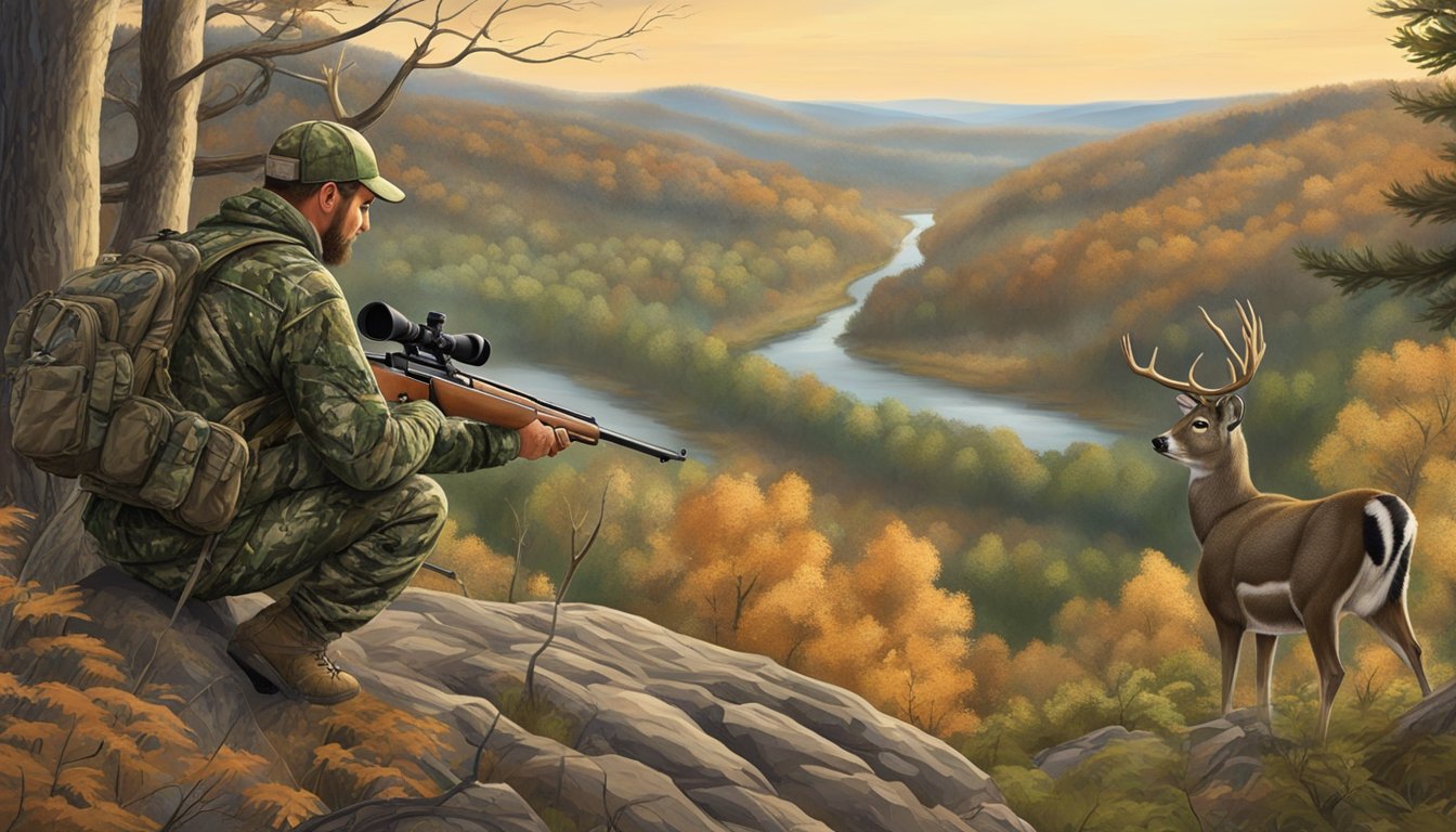 A hunter in camouflage gear aims a rifle at a deer in the Missouri wilderness, surrounded by dense forest and rolling hills