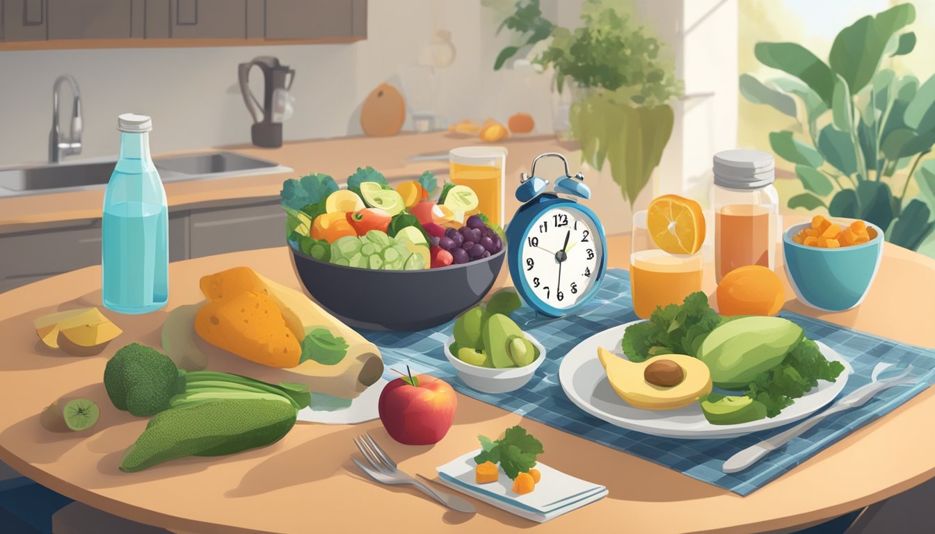 A person's kitchen table with a variety of healthy foods and a clock showing the time for intermittent fasting. A bottle of vitamins and a glass of water are also present