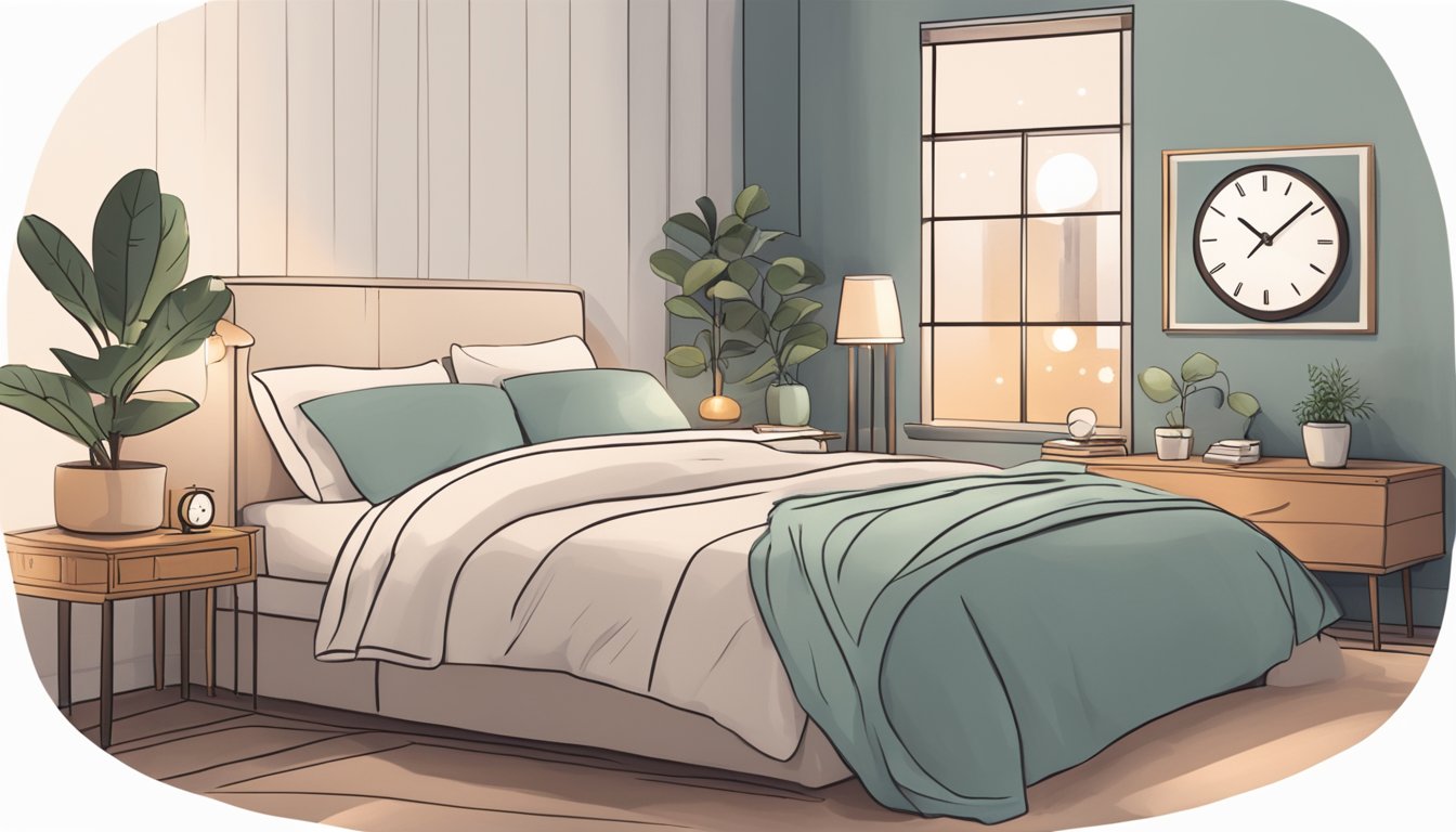 A serene bedroom with calming decor, a cozy bed, and soft lighting. A clock on the nightstand reads 11:00 pm