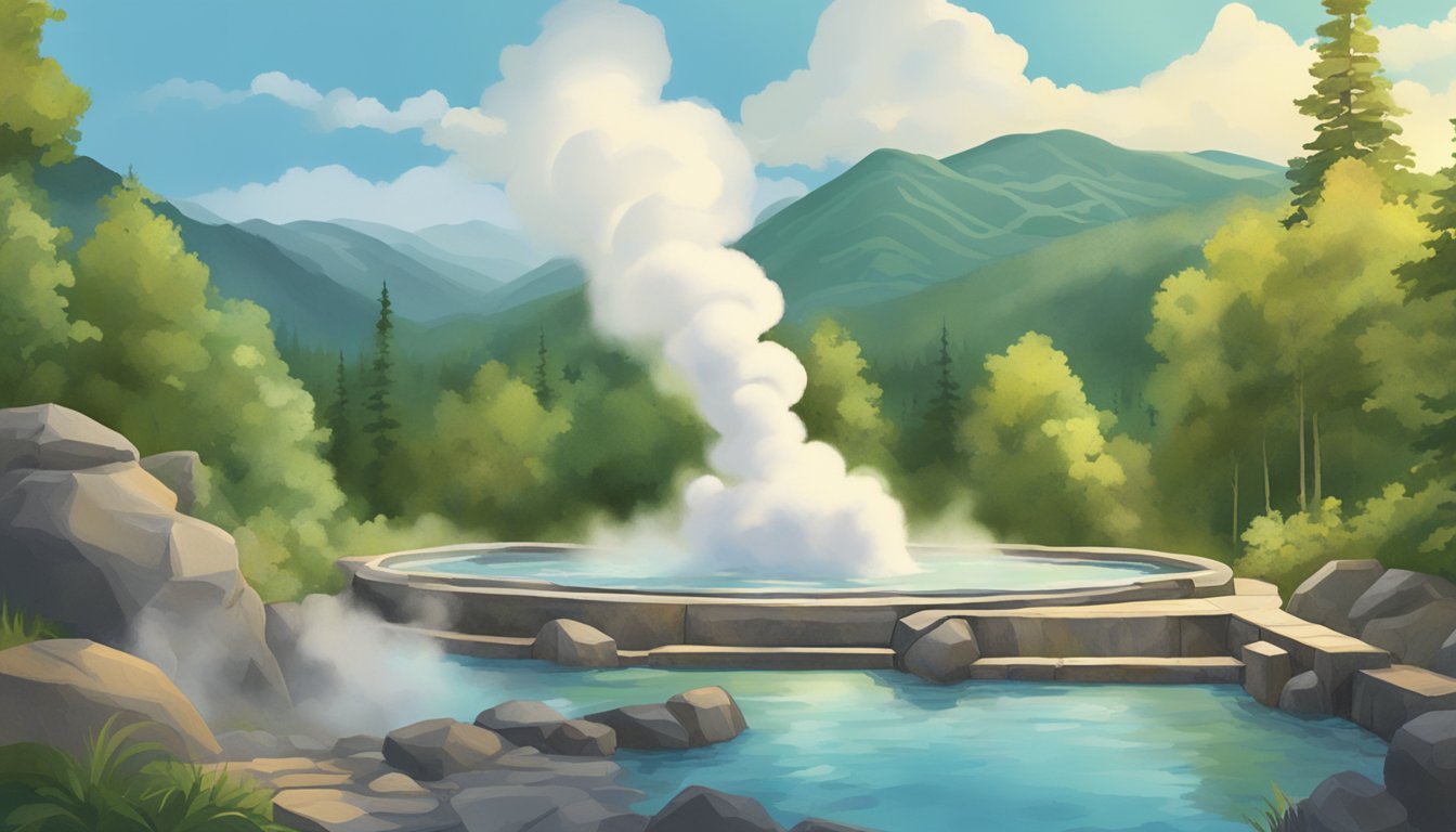 Steam rises from bubbling hot springs in a lush forest setting, with a backdrop of the Arkansas mountains