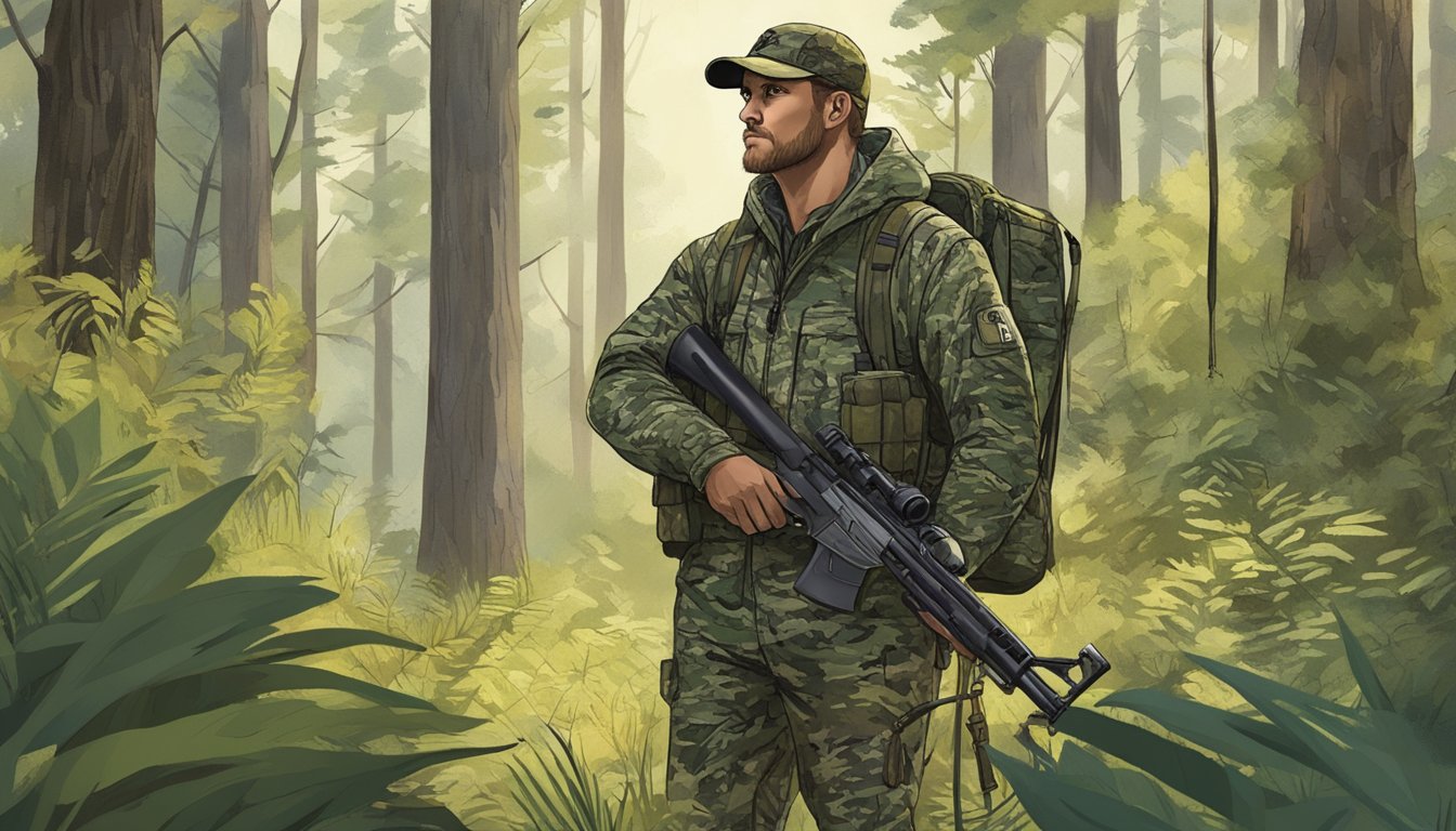 A hunter in camouflage gear stands in a lush Missouri forest, surveying the landscape with a rifle in hand